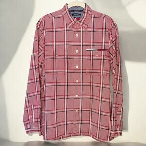 Vintage Tommy Hilfiger Red White Plaid Button-Up Sports Shirt Medium